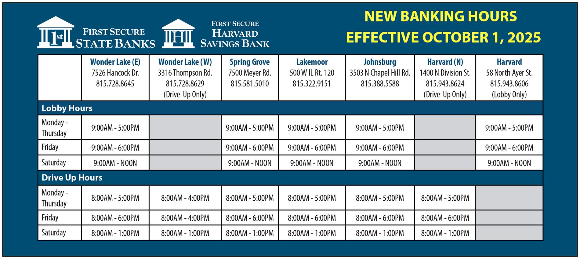 New Hours Effective October 1, 2025